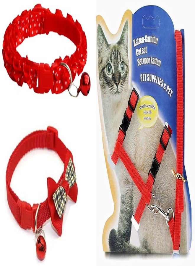 KittuPet Cat Combo Adjustable Harness and Leash H Shape White Collar Chest for Small & Medium cat (Red, Pain cat Harness and Collar) - Image 1